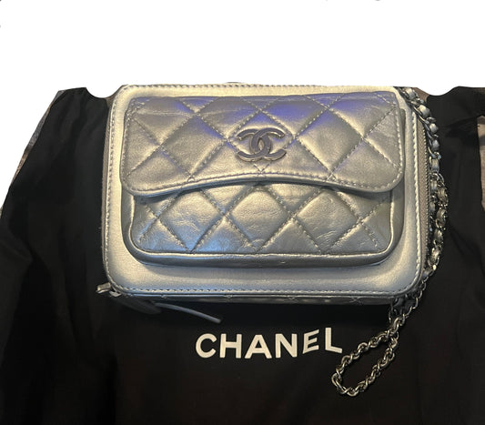 Chanel Metallic Silver Lambskin Pocket Box Camera Bag