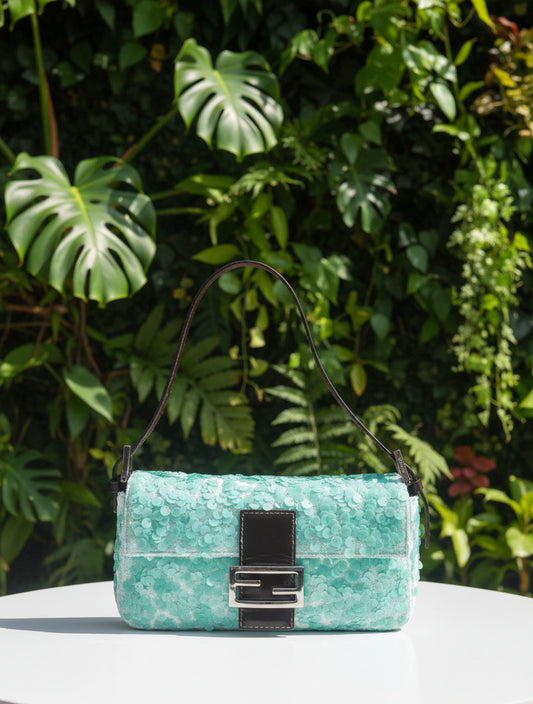 Fendi Turquoise Velvet & Sequin Vintage Baguette - RARE
