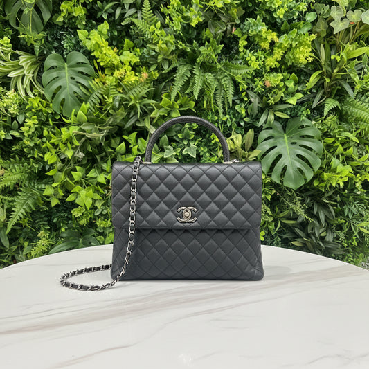 Chanel Black Caviar Coco Handle Large Lizard Top Handle