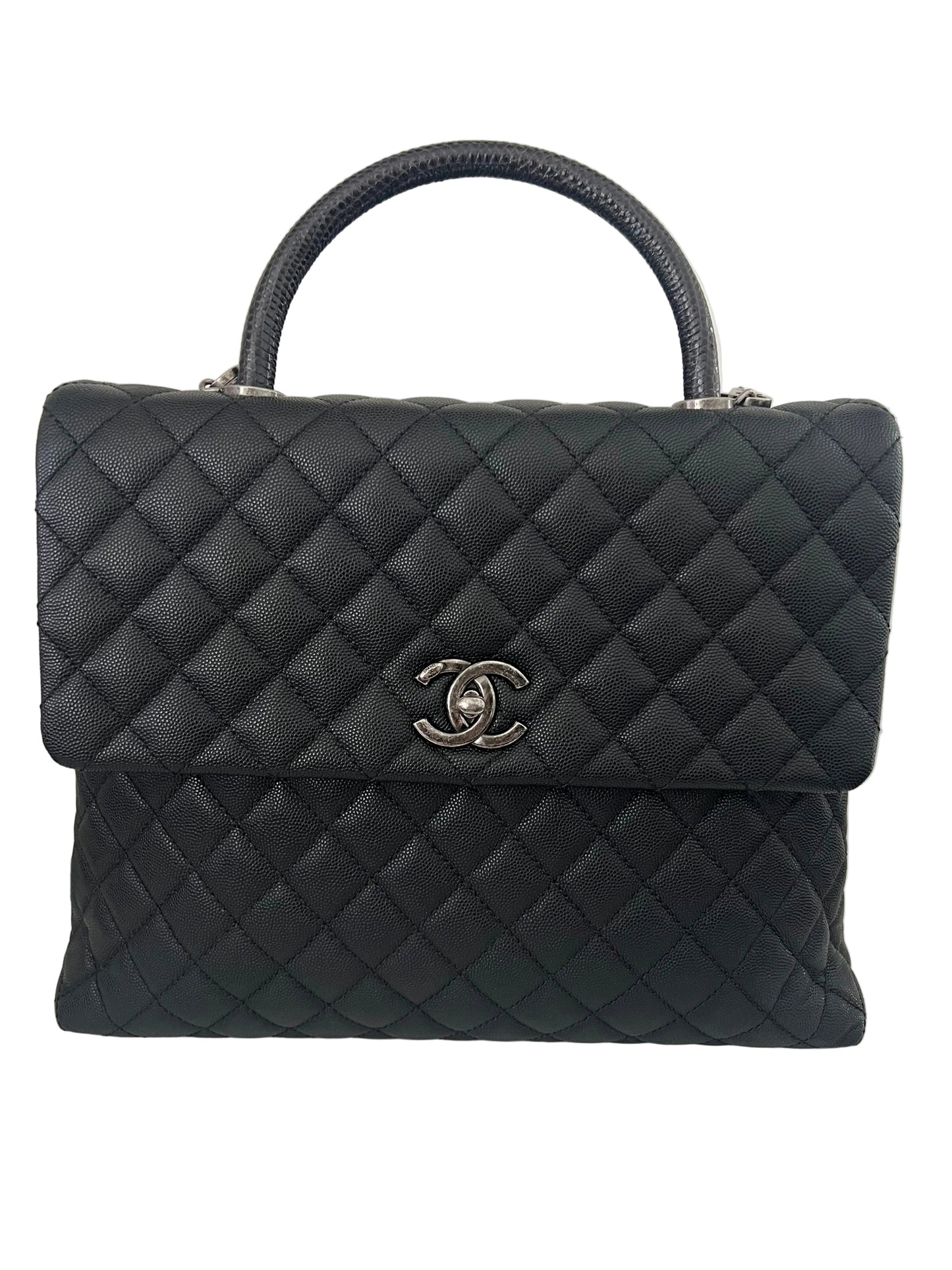 Chanel Black Caviar Coco Handle Large Lizard Top Handle