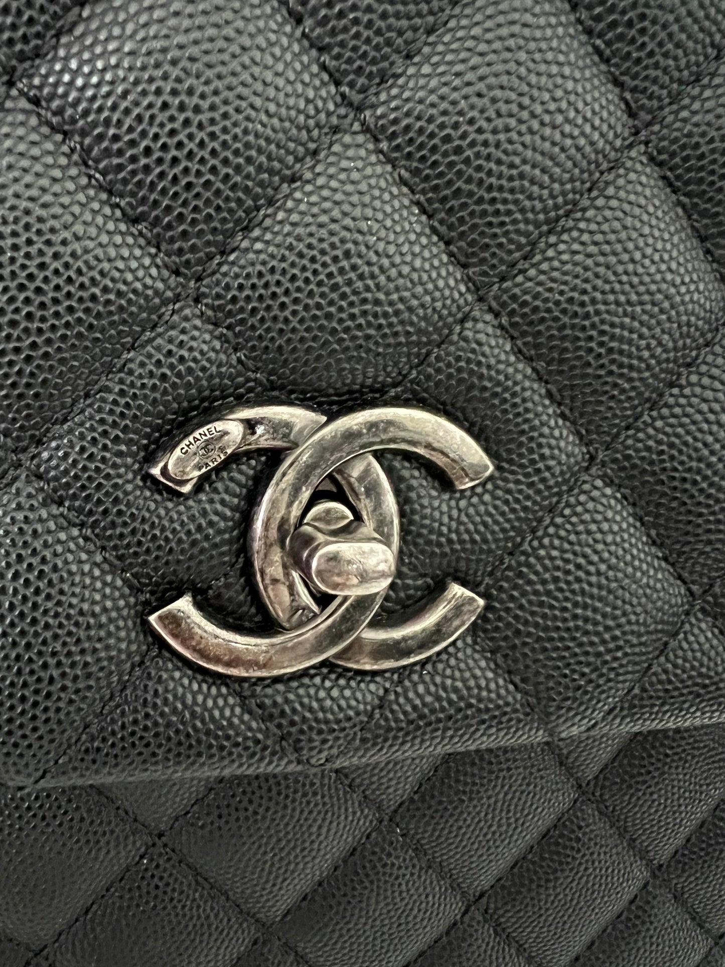 Chanel Black Caviar Coco Handle Large Lizard Top Handle