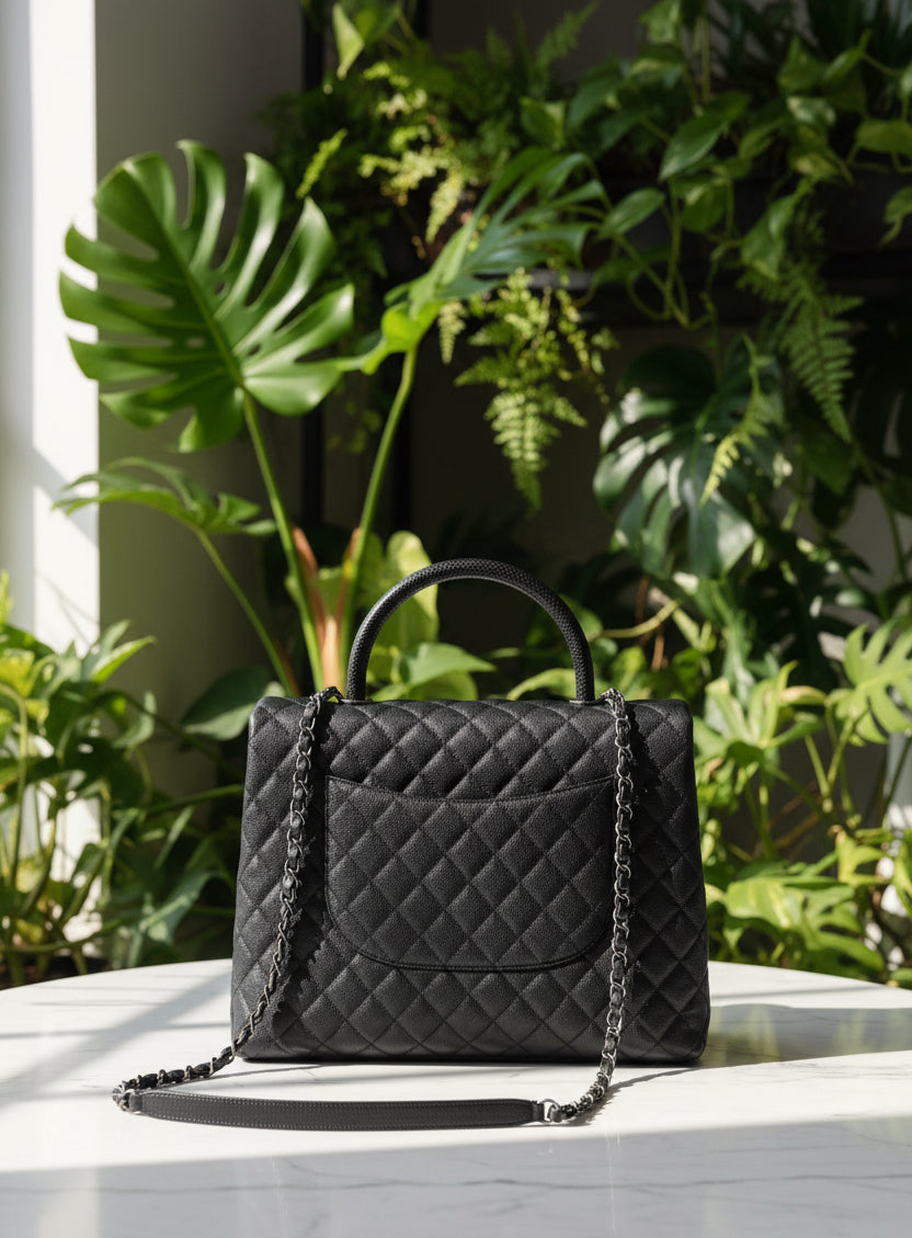 Chanel Black Caviar Coco Handle Large Lizard Top Handle