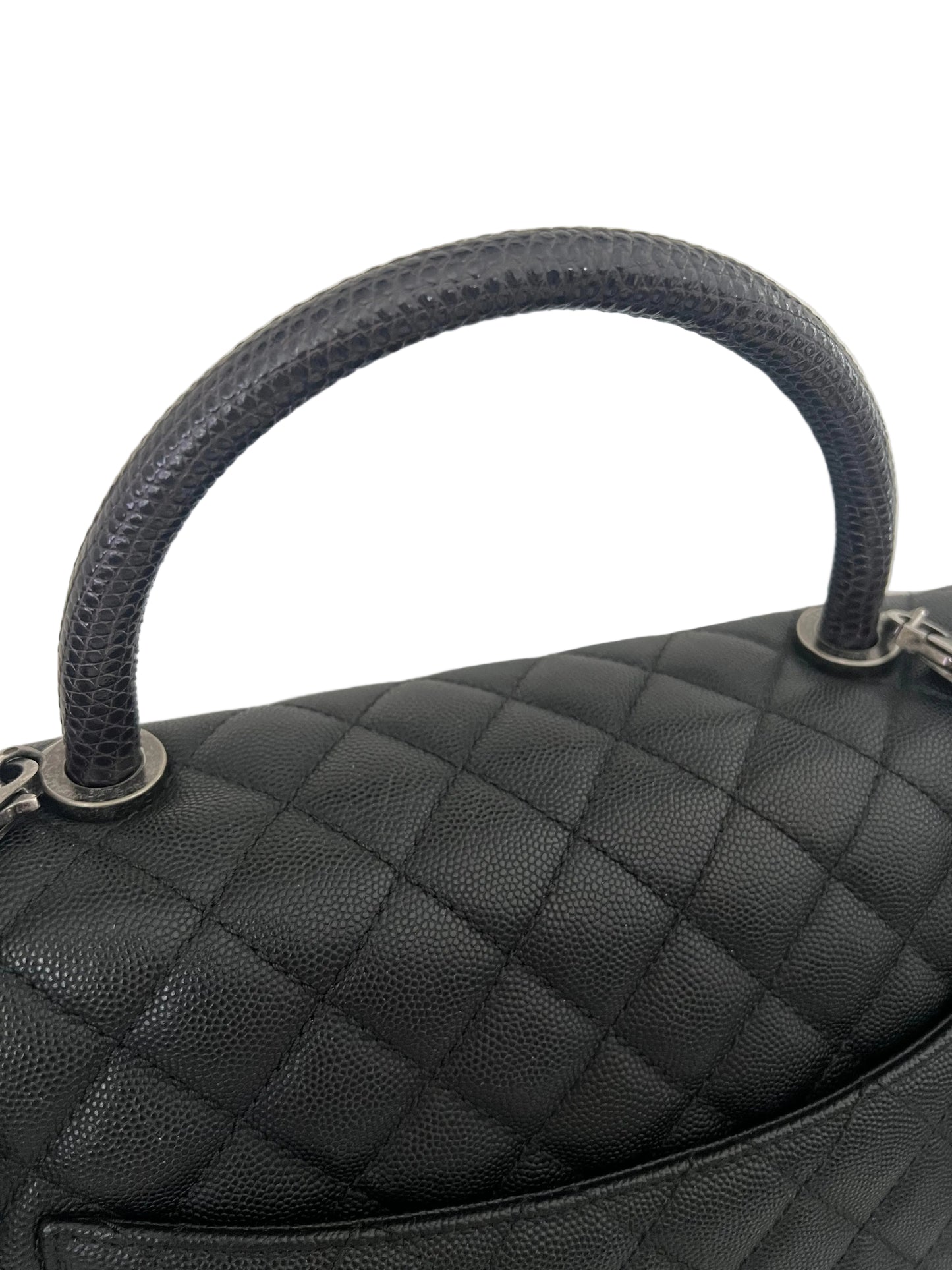Chanel Black Caviar Coco Handle Large Lizard Top Handle