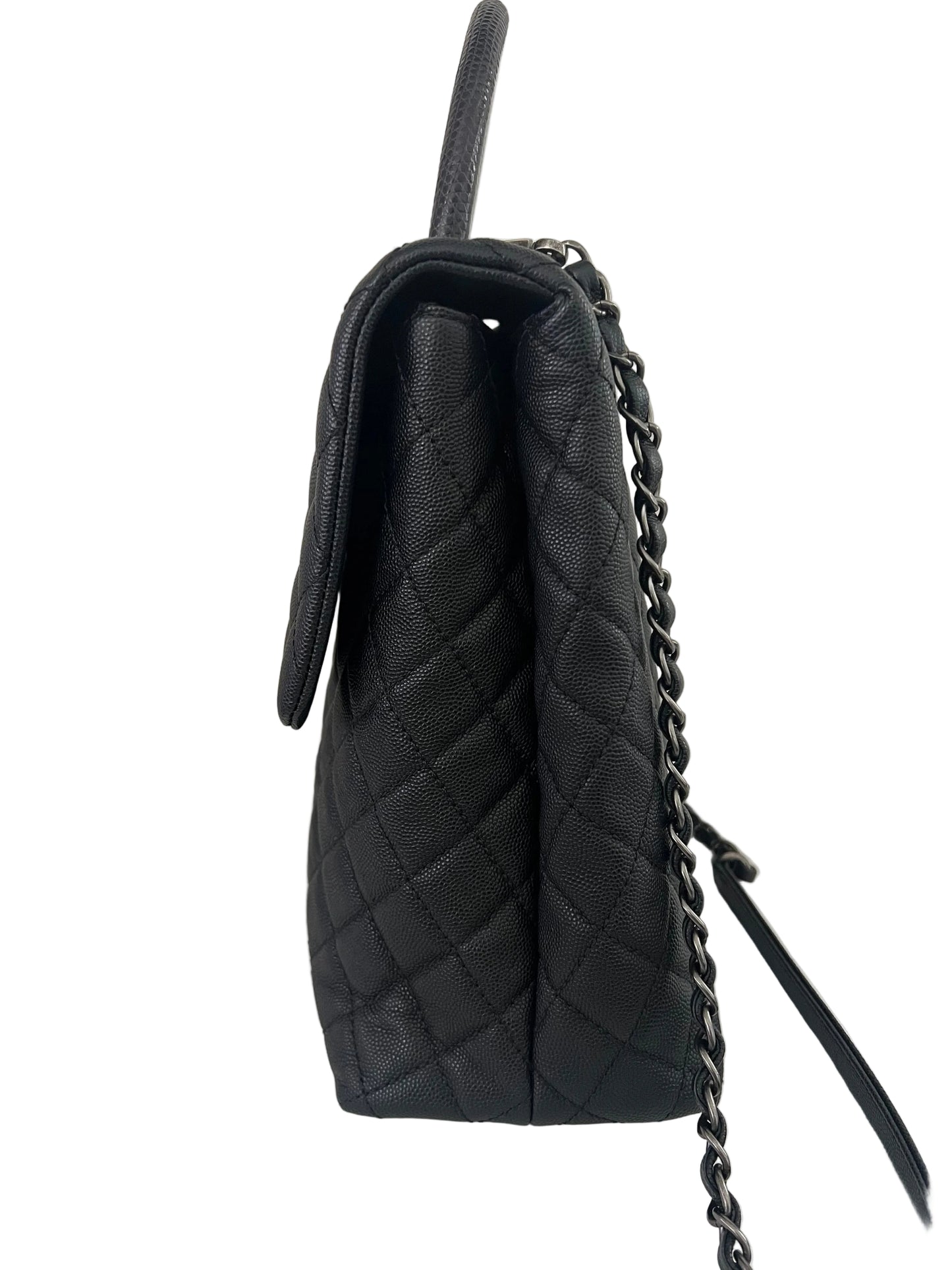 Chanel Black Caviar Coco Handle Large Lizard Top Handle