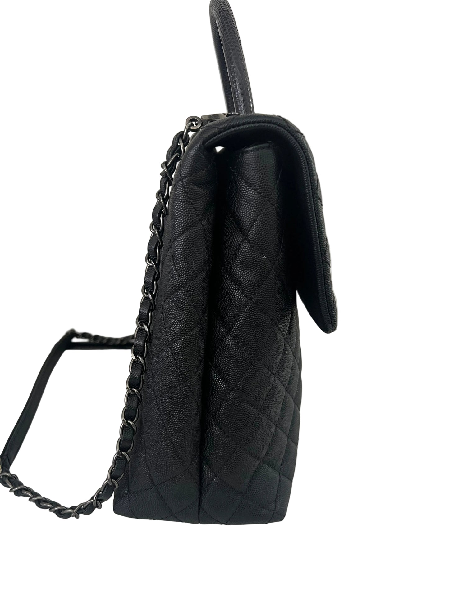 Chanel Black Caviar Coco Handle Large Lizard Top Handle