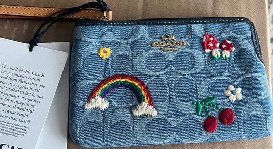 Coach Denim Sticker Embroidered Wristlet