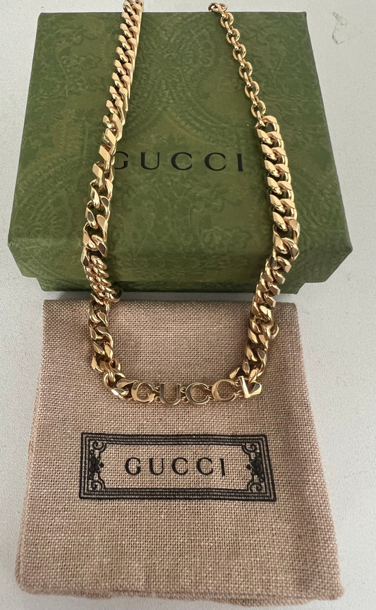 Gucci Gold Toned Script Chain Necklace