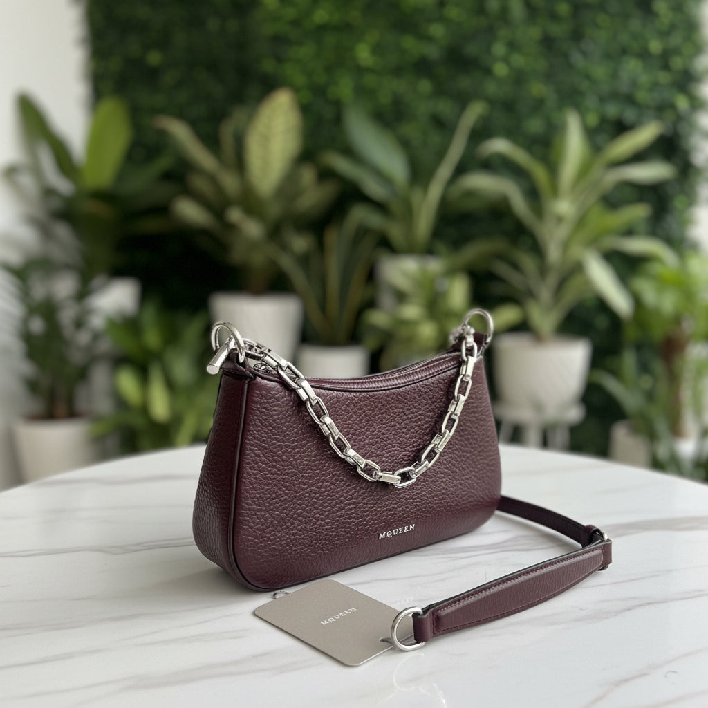 Alexander McQueen Burgundy Leather T-Bar Shoulder Bag