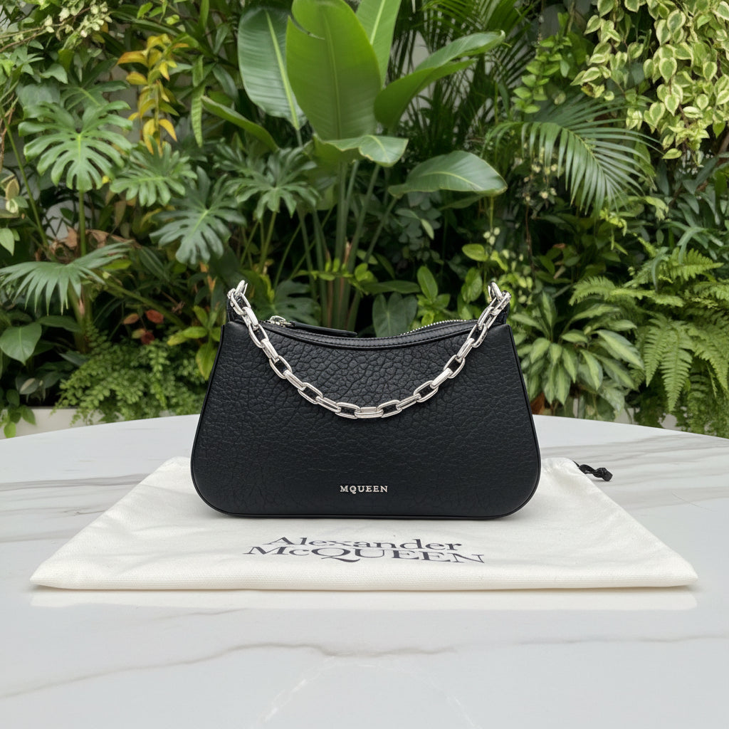 Alexander McQueen Black Leather T-Bar Shoulder Bag