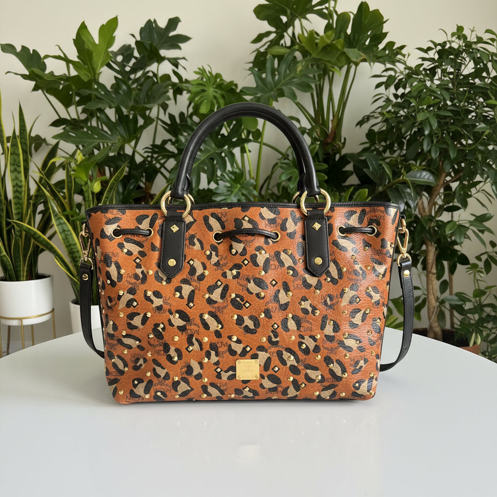 MCM Leather Leopard Studded Tote