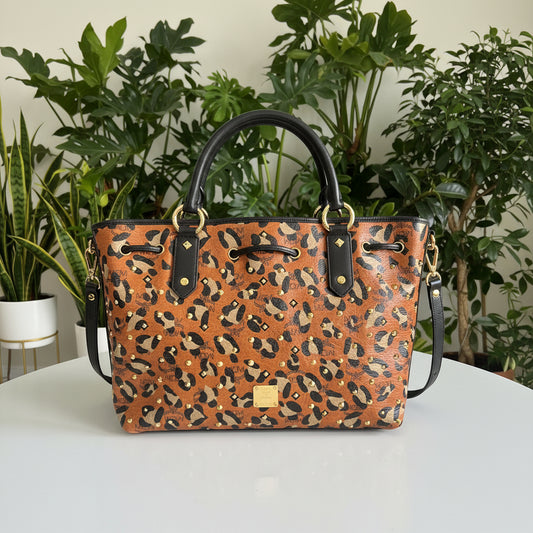 MCM Leather Leopard Studded Tote