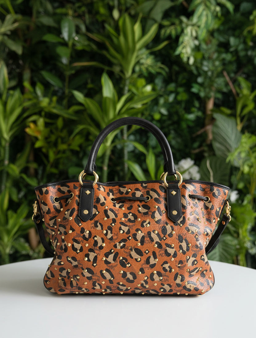 MCM Leather Leopard Studded Tote
