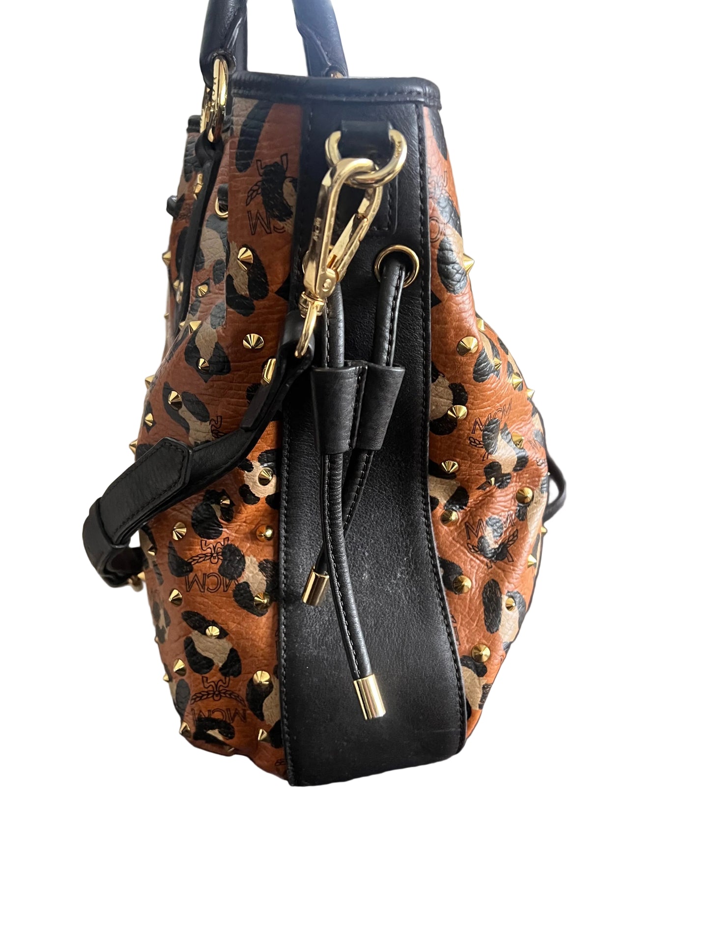 MCM Leather Leopard Studded Tote