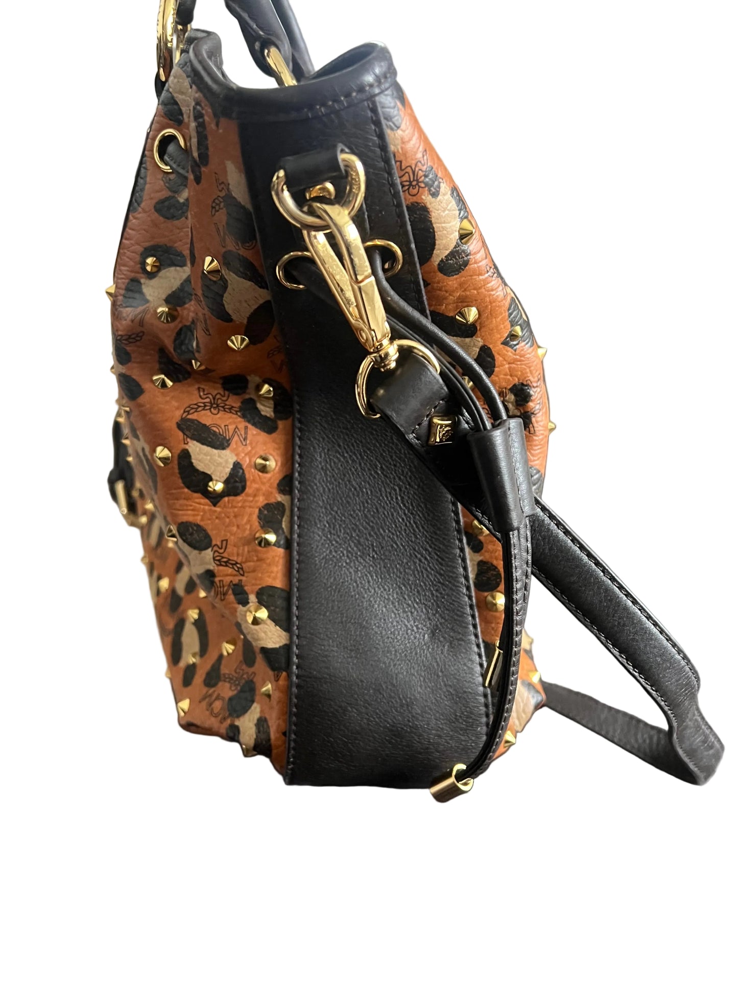 MCM Leather Leopard Studded Tote