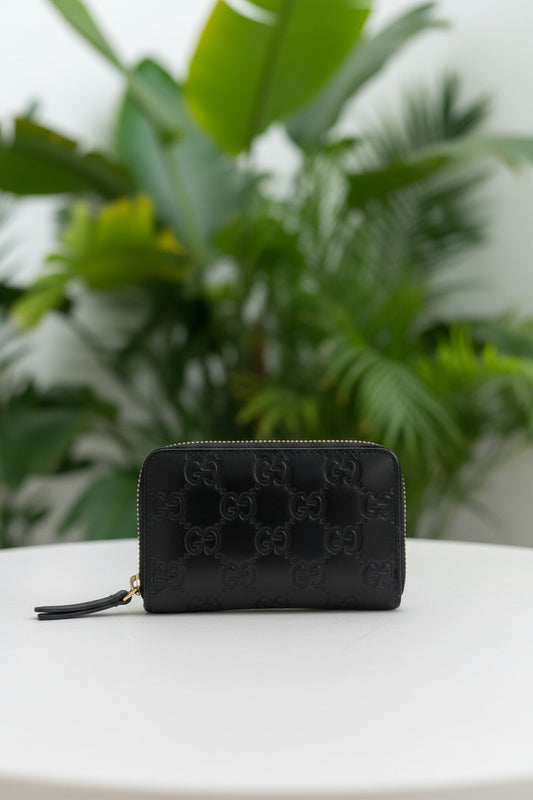 Gucci Black Leather Embossed Compact Zip Wallet