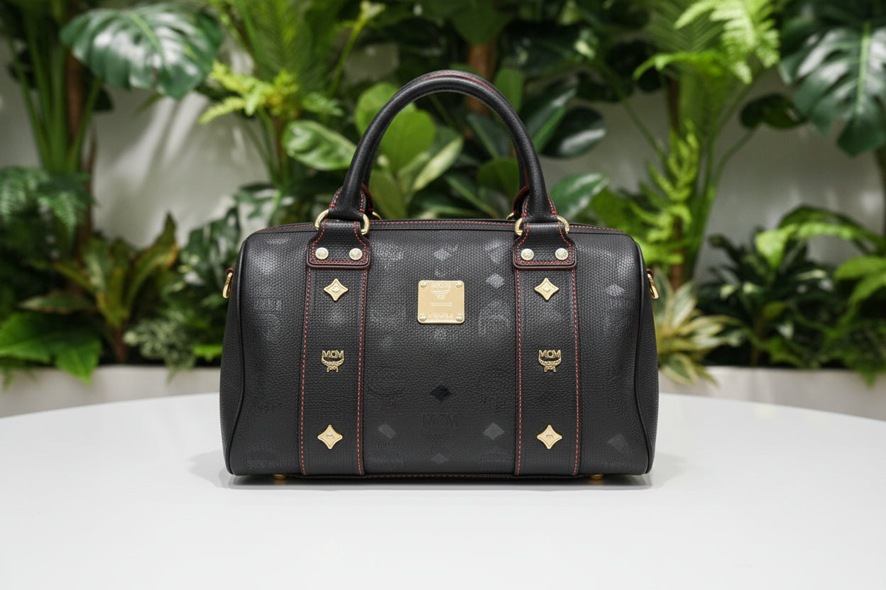 MCM Black Pebbled Leather Satchel with Studs