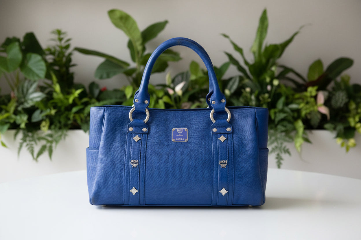 MCM Blue Leather Silver Studded Satchel