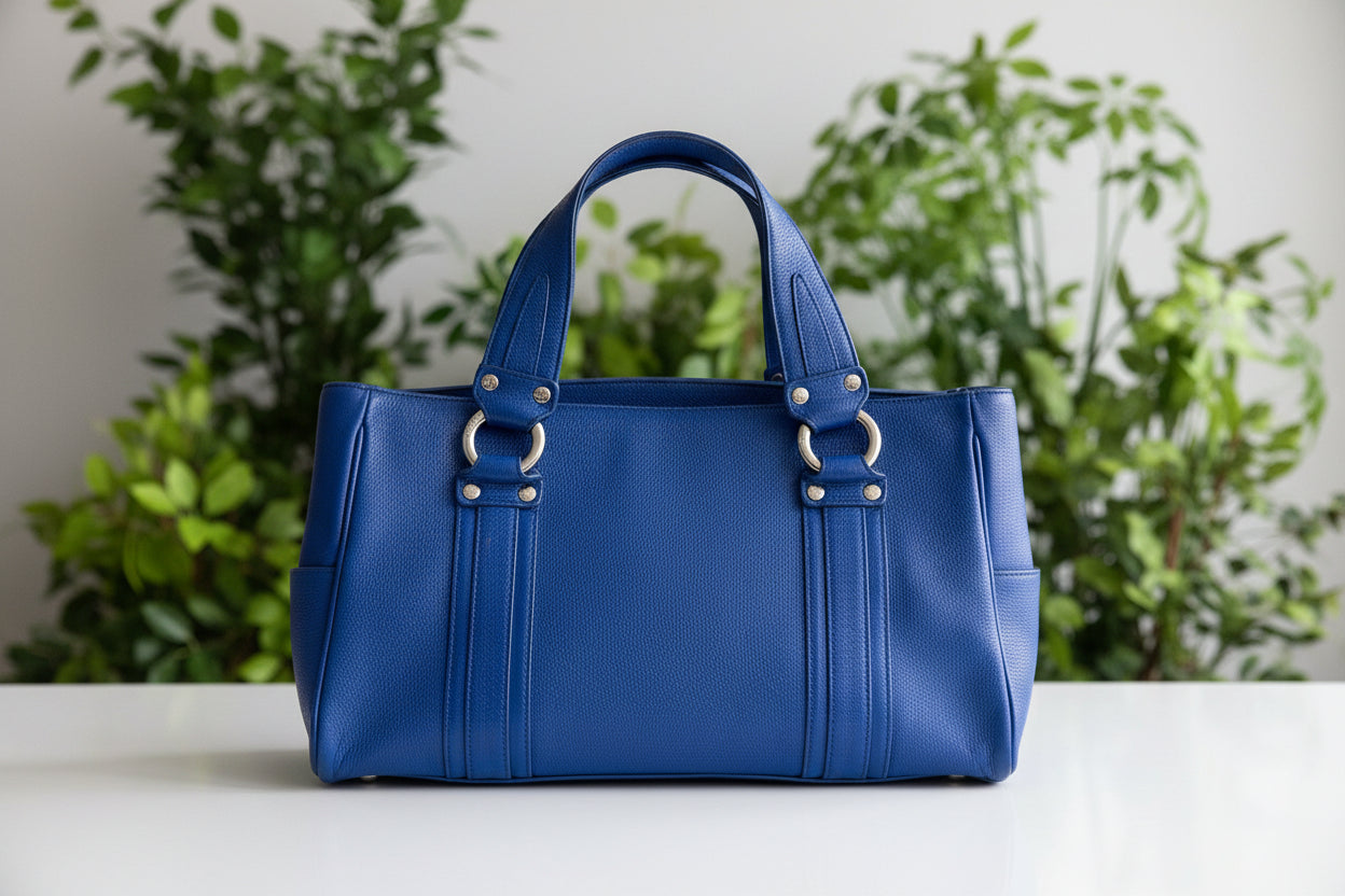 MCM Blue Leather Silver Studded Satchel