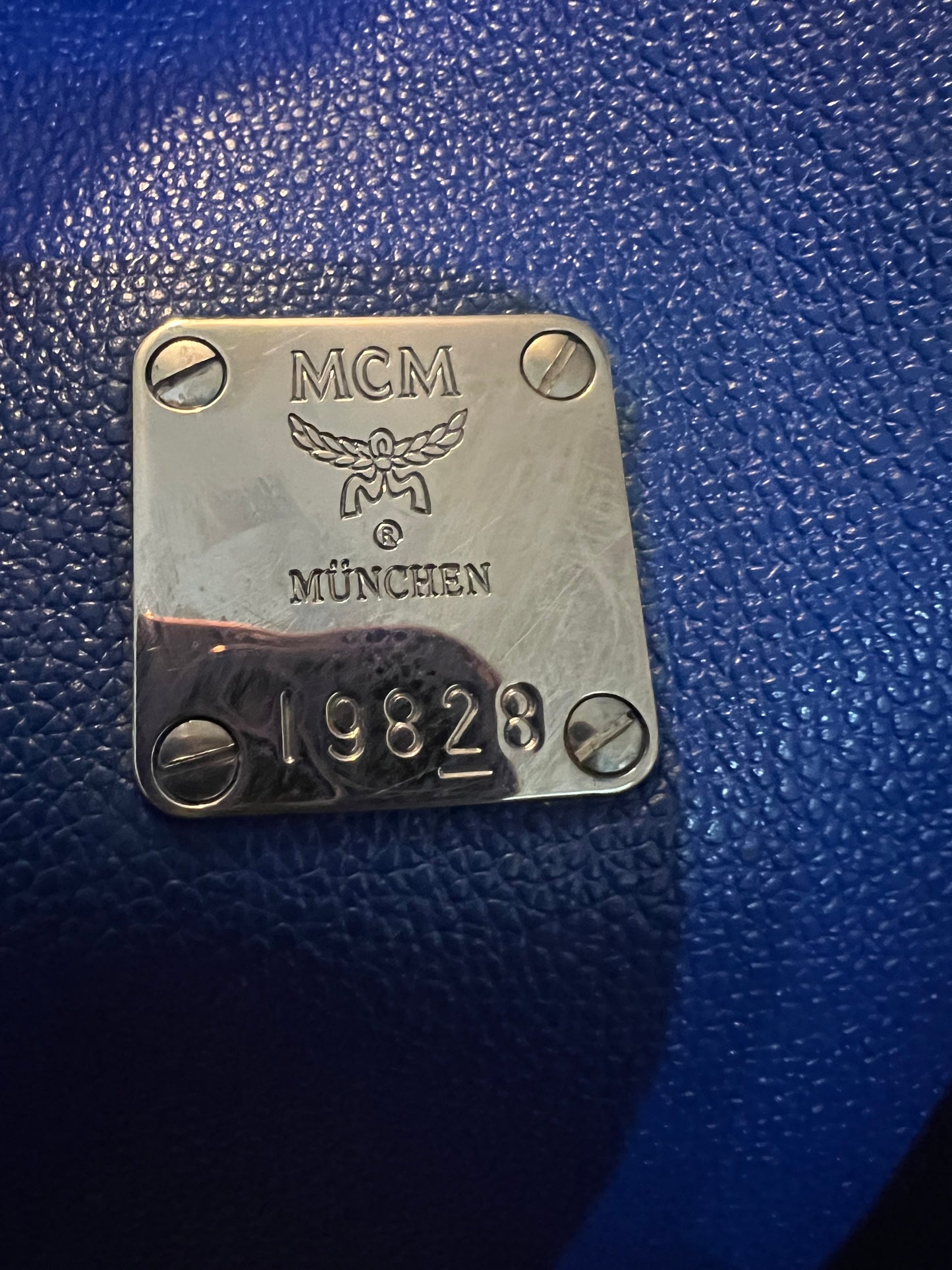 MCM Blue Leather Silver Studded Satchel