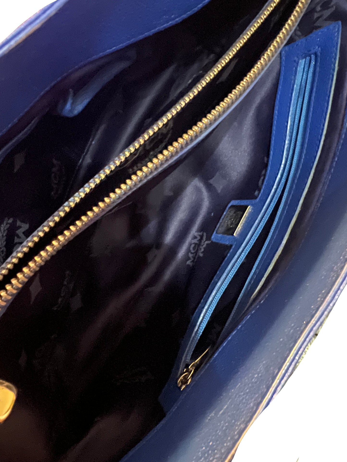 MCM Blue Leather Silver Studded Satchel