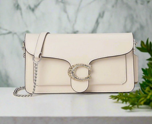 Coach Small Tabby Chain Clutch w/ Crystal Logo in Chalk
