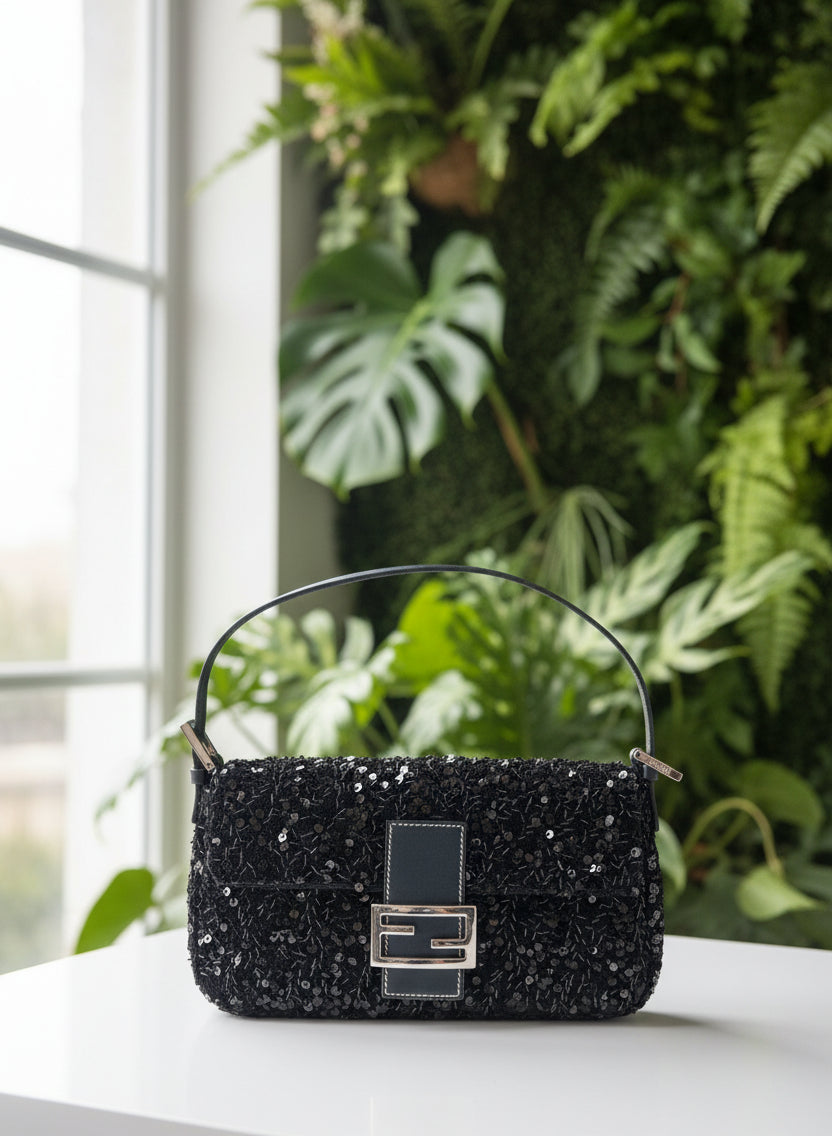 Fendi Black Sequin Navy Leather Vintage Baguette