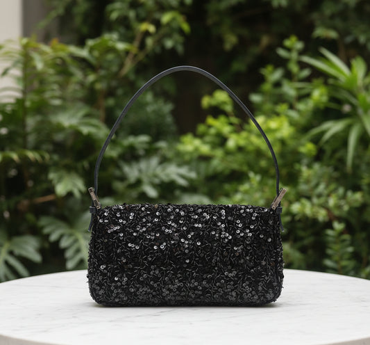 Fendi Black Sequin Navy Leather Vintage Baguette