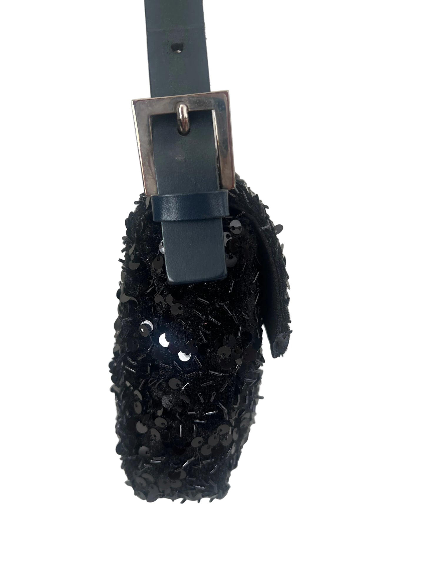 Fendi Black Sequin Navy Leather Vintage Baguette
