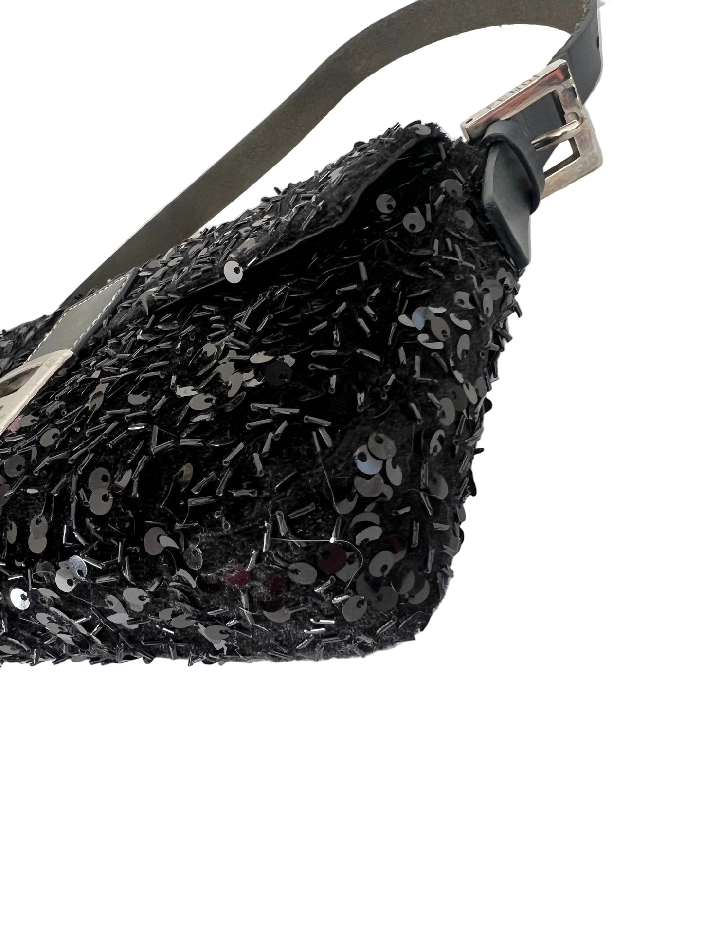 Fendi Black Sequin Navy Leather Vintage Baguette