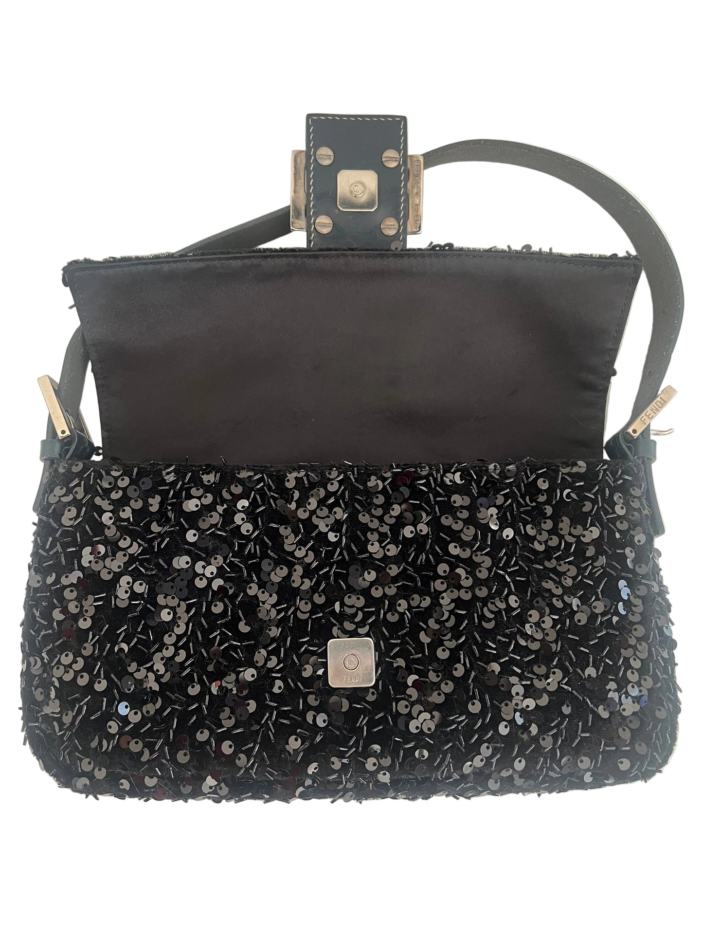 Fendi Black Sequin Navy Leather Vintage Baguette