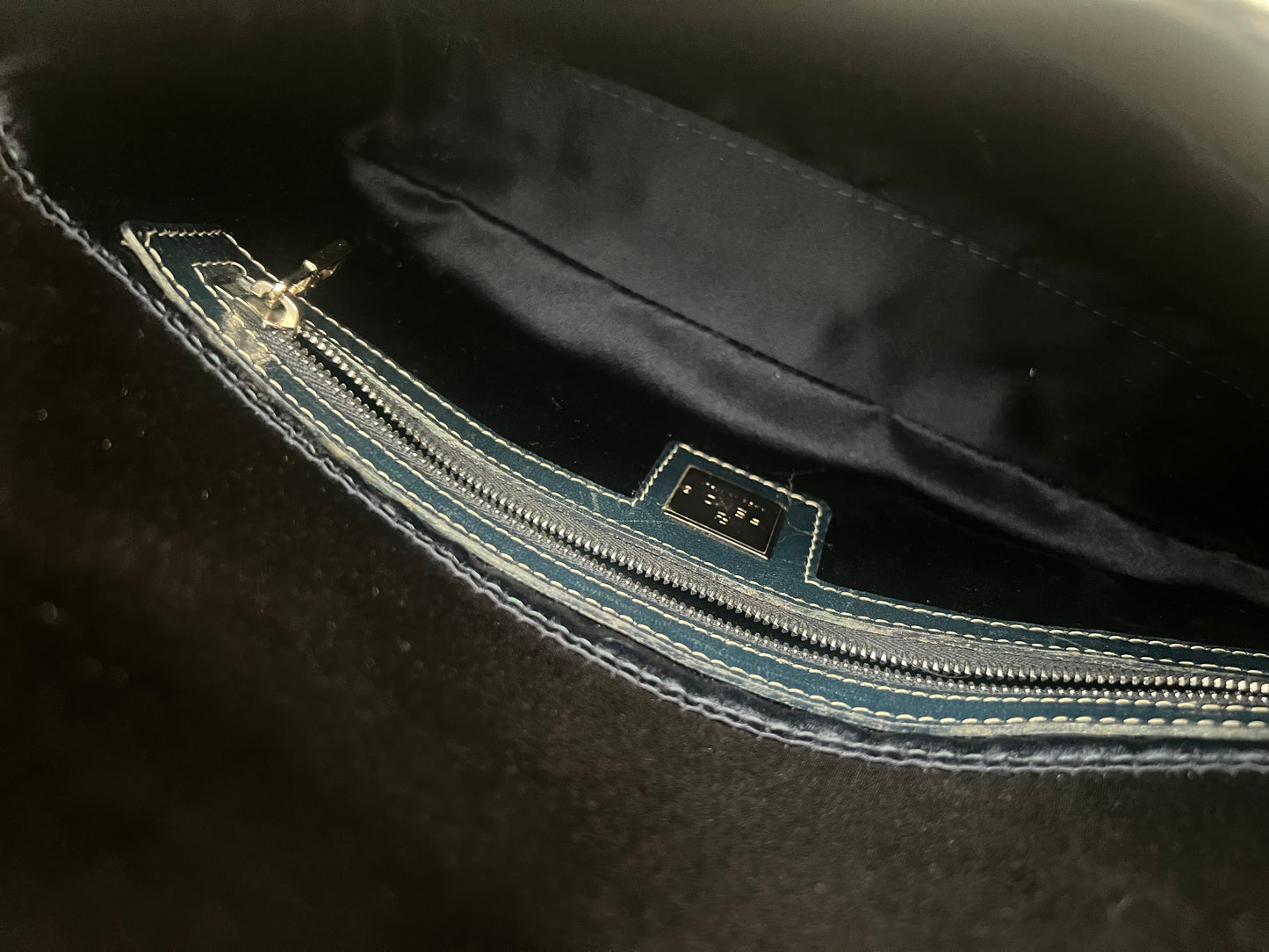 Fendi Black Sequin Navy Leather Vintage Baguette