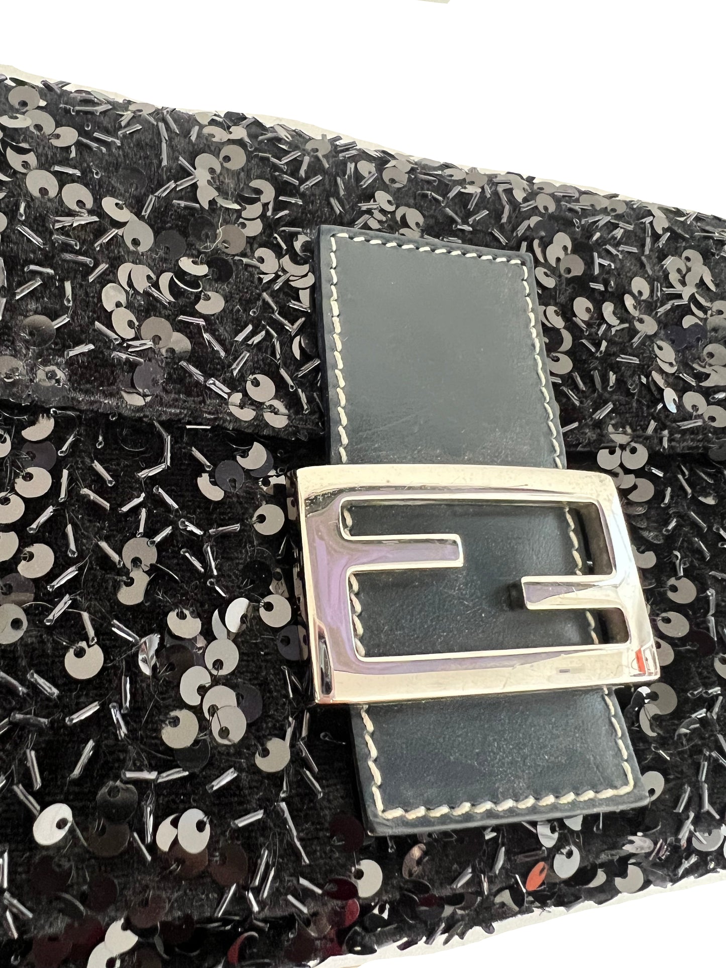 Fendi Black Sequin Navy Leather Vintage Baguette