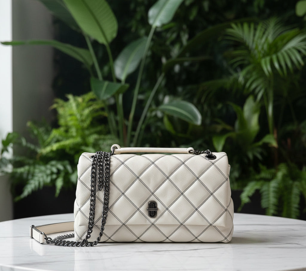 Marc Jacobs White & Gunmetal Quilted Dual Convertible Shoulder Bag
