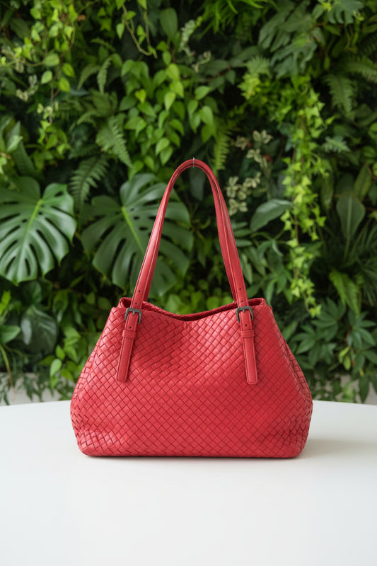 Bottega Veneta Red Intrecciato Calfskin Leather Tote