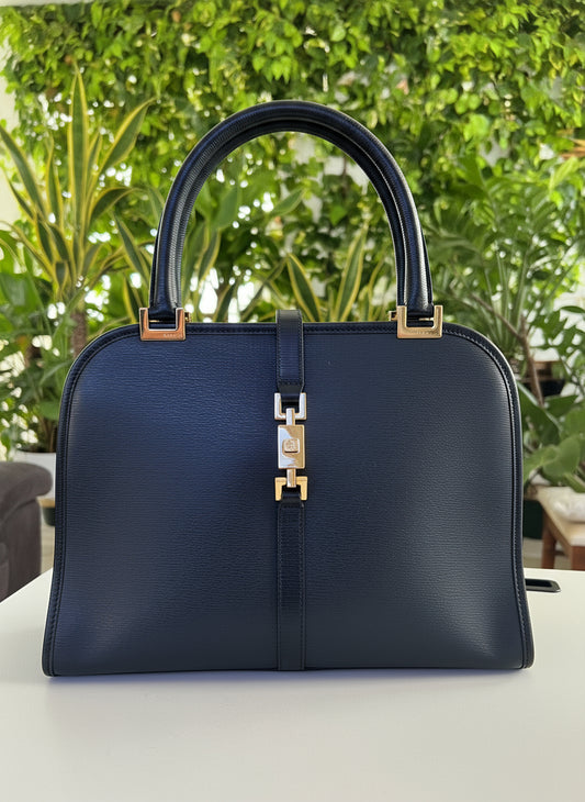 Gucci Vintage Black Leather Piston Lock Jackie