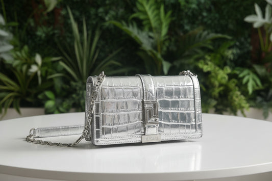 Versace La Greca Croc Embossed Metallic Crossbody/Clutch
