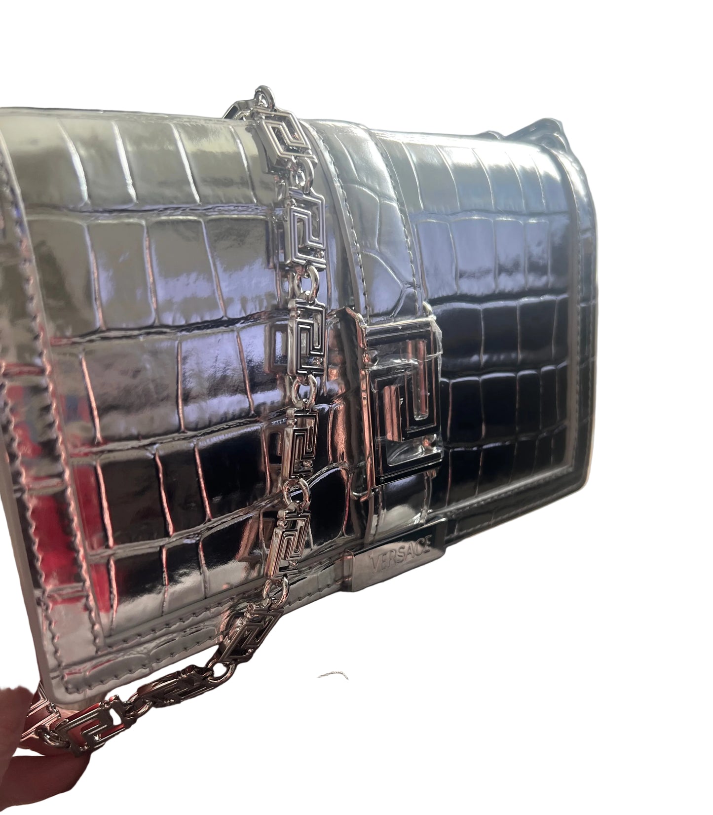 Versace La Greca Croc Embossed Metallic Crossbody/Clutch