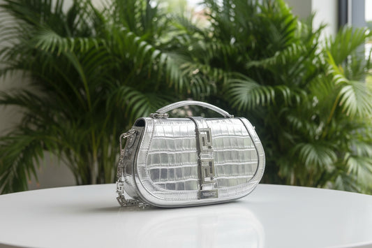Versace Silver Croc Embossed Greca Goddess Bag