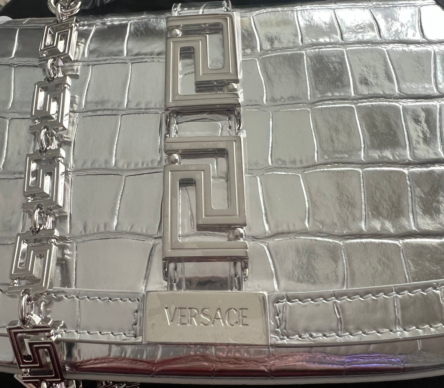 Versace Silver Croc Embossed Greca Goddess Bag