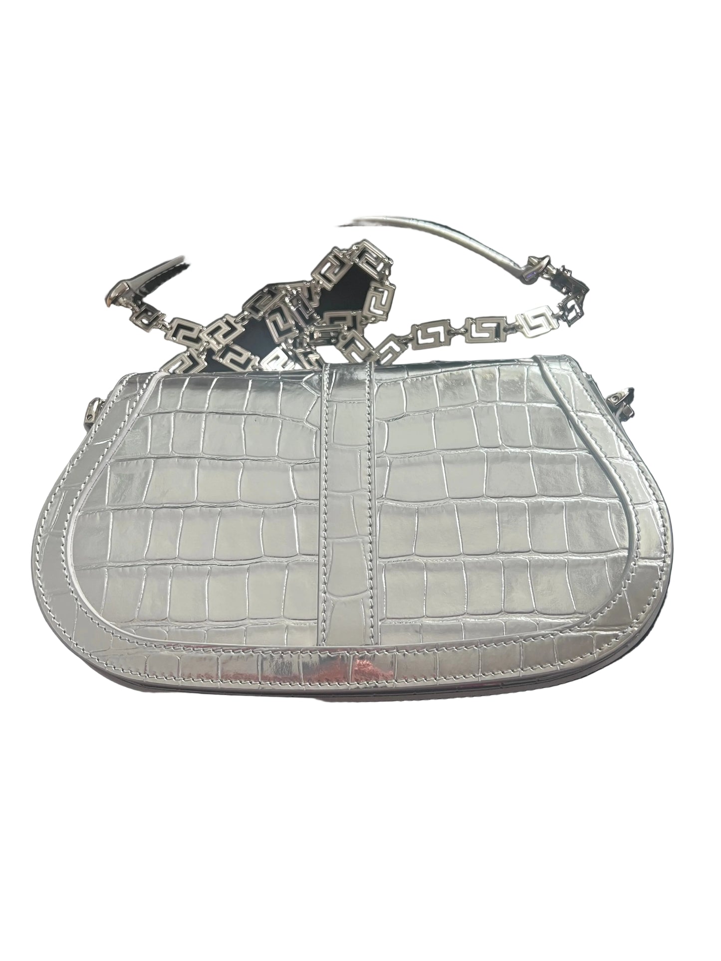 Versace Silver Croc Embossed Greca Goddess Bag