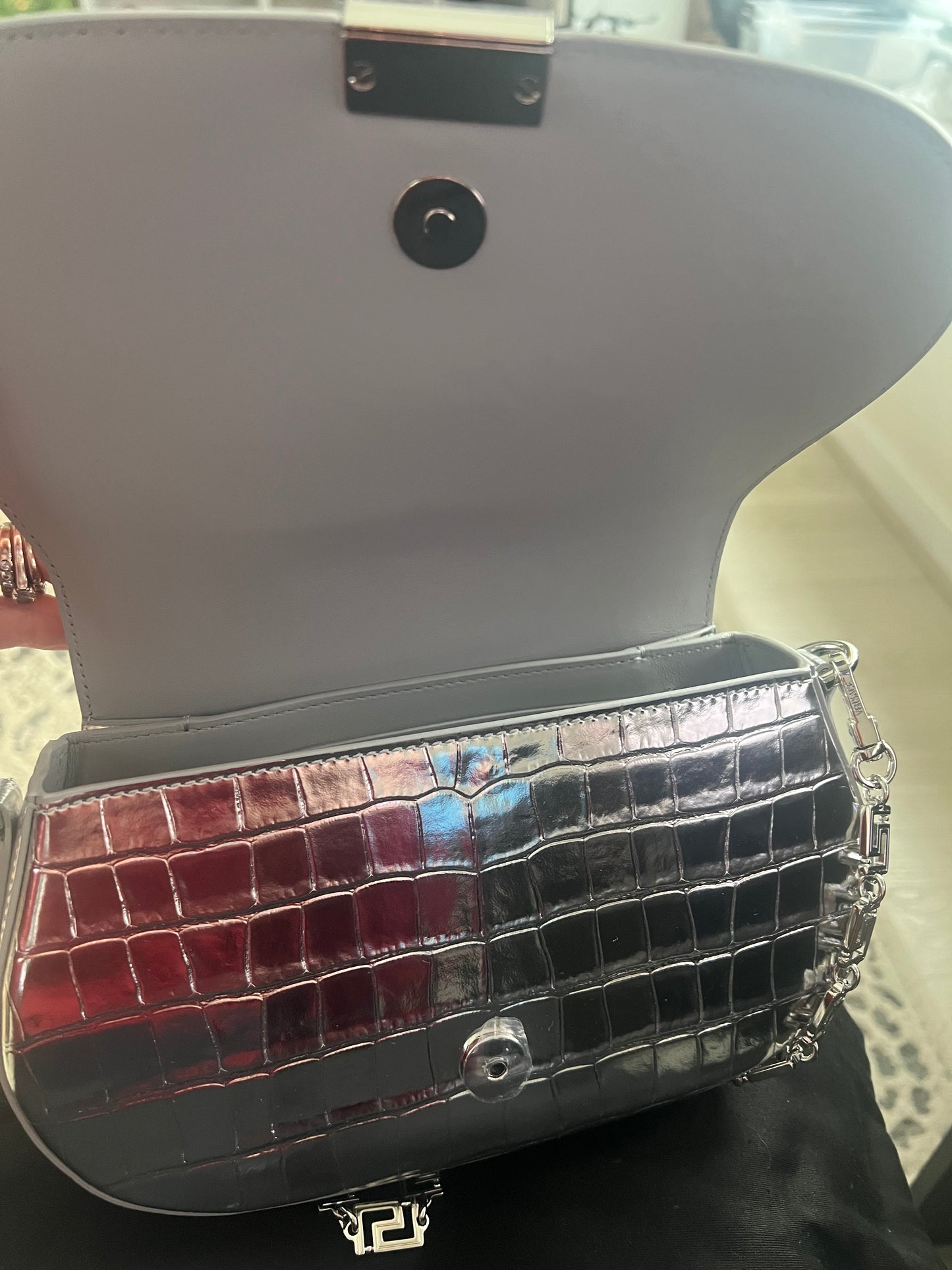 Versace Silver Croc Embossed Greca Goddess Bag