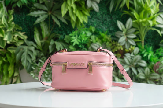 Versace Pink Leather Tag Vanity Bag