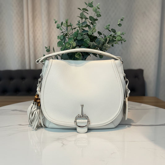 Gucci  Large Techno Horsebit White Leather Hobo