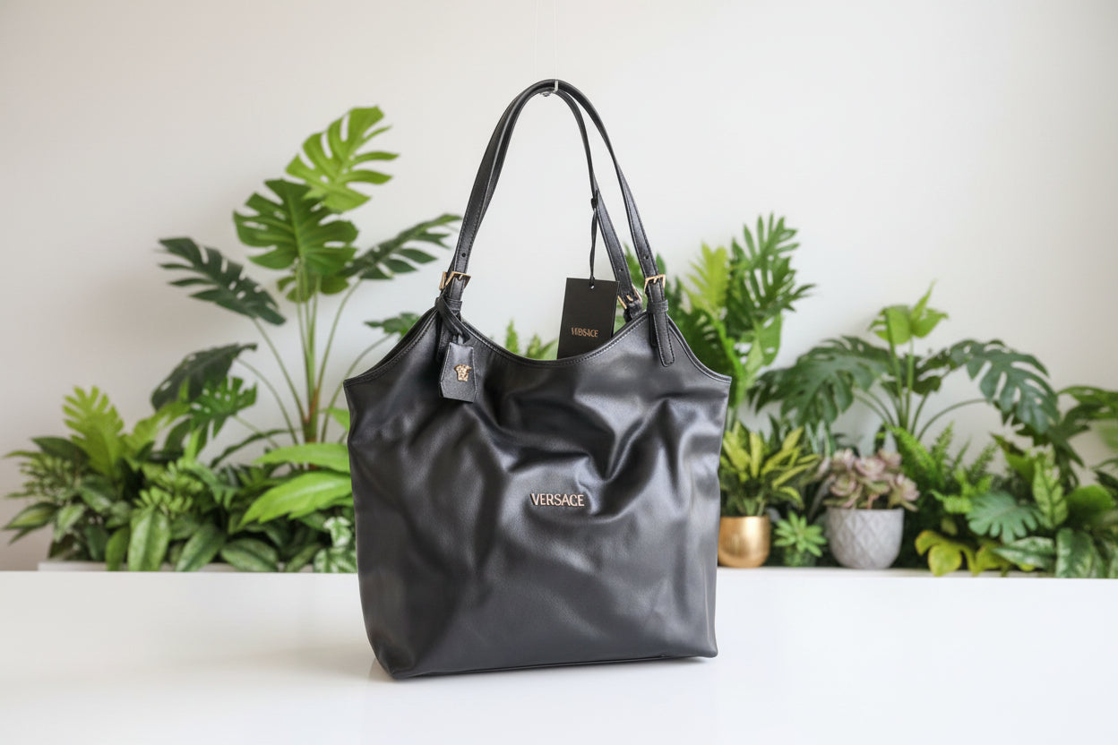 Versace Black Leather Tag Tote