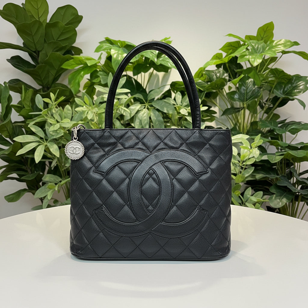 Chanel Black Caviar Medallion Tote Silver Hardware