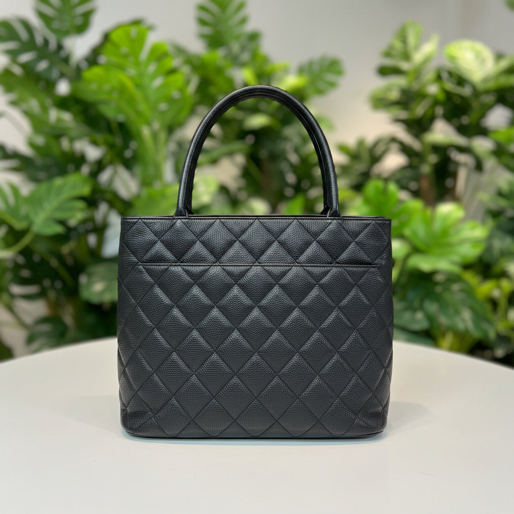 Chanel Black Caviar Medallion Tote Silver Hardware