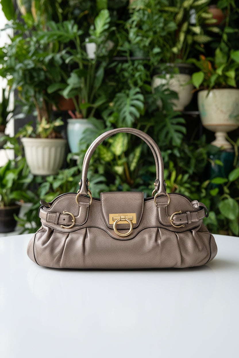 Ferragamo Silver Leather Gancini Satchel