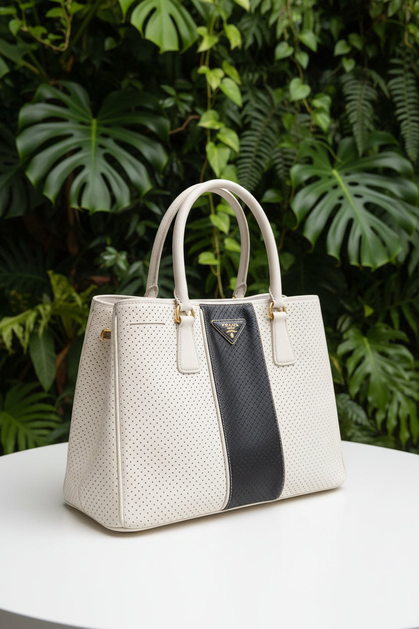 Prada White Black Perforated Saffiano Leather Tote
