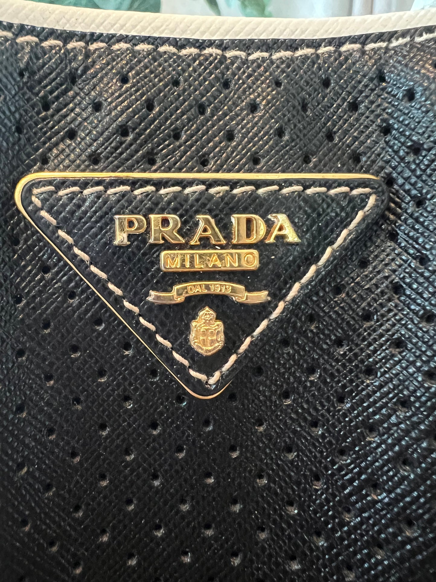 Prada White Black Perforated Saffiano Leather Tote