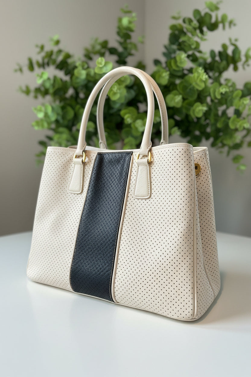 Prada White Black Perforated Saffiano Leather Tote